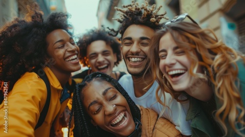 Happy young people laughing together Multiethnic group of friends having fun on city street university concept