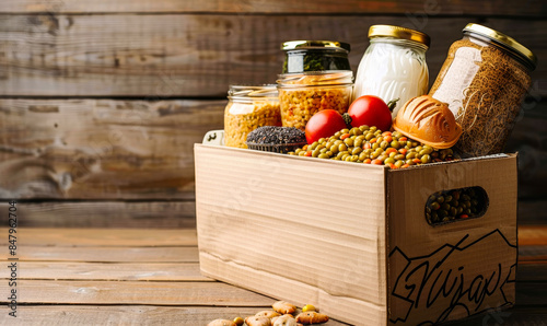 Cardboard Box Filled with Donated Food on Wooden Background, Charity Concept - Jars, Tomatoes, Milk, Pasta, Lentils, Community Support and Altruism photo