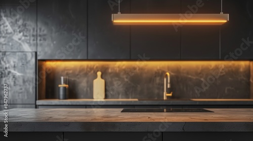 Modern kitchen counter with hanging light photo