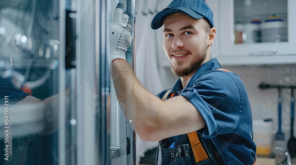 A young man installs a shower door in the bathroom. A male repairman is repairing the shower room.