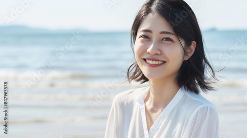 ビーチで微笑む日本人女性