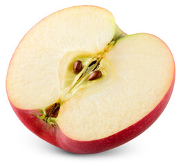 Red apple half isolated png. Apple half on transparent background. PNG format. Red apple slice with no background. Full depth of field.