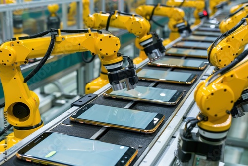 Robotic assembly line for mobile phones yellow robots on conveyor belt in business manufacturing process