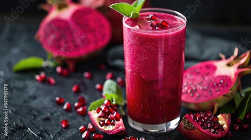 Wallpaper Mural Freshly squeezed fruit juice in a tall glass with ripe pitaya and pomegranate on a dark background Close up shot Torontodigital.ca
