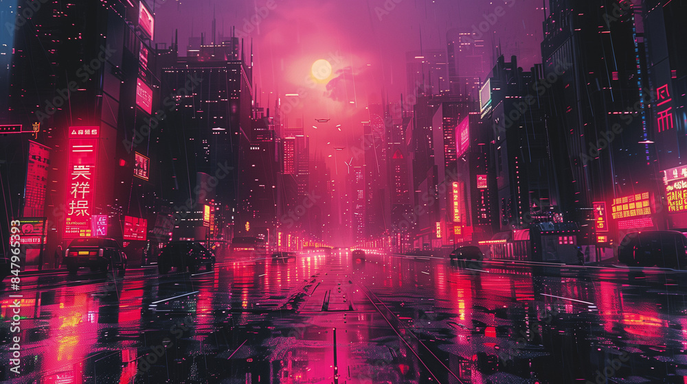 Nostalgic Cyberpunk City Poster in 80s Retro Style with Glitchy and Animated Animecore Aesthetic, Inspired by 1988 Retro Animation with VHS Grain Effect