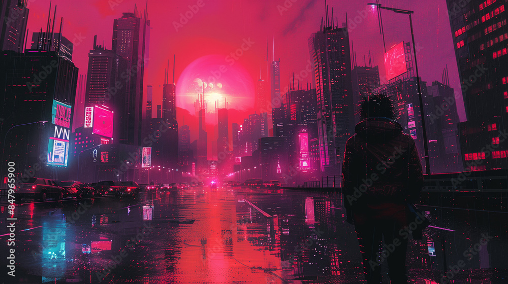 Fototapeta premium Nostalgic Cyberpunk City Poster in 80s Retro Style with Glitchy and Animated Animecore Aesthetic, Inspired by 1988 Retro Animation with VHS Grain Effect