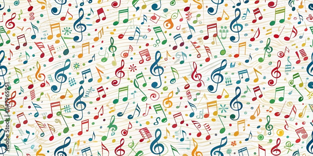 Fototapeta premium Colorful musical notes pattern on sheet music