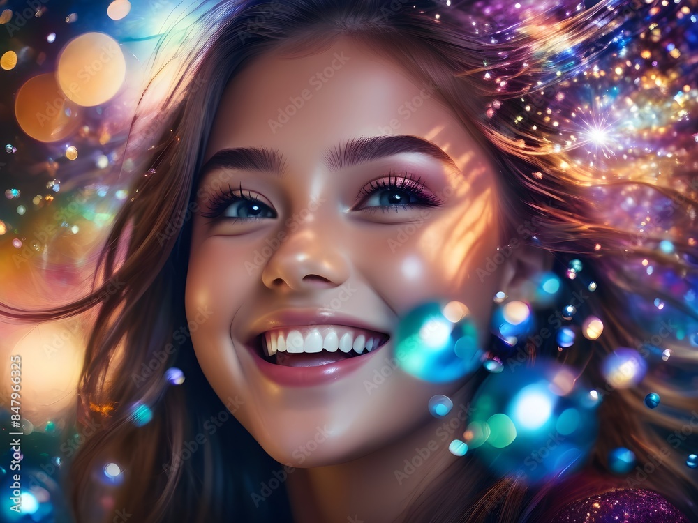 Portrait of a happy laughing girl in magical glare Portrait of a happy laughing girl in magical glare