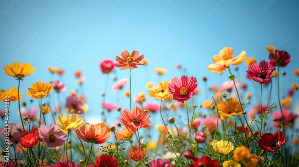 Blooming Flower Garden - Depict a colorful, blooming flower garden in springtime, with a variety of flowers in full bloom