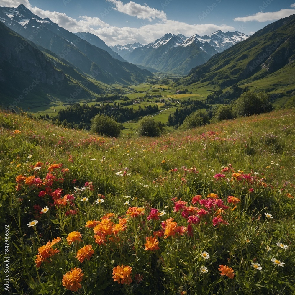Flower-covered meadows in a valley with mountain backdrops.
Flower-covered meadows in a valley with mountain backdrops.