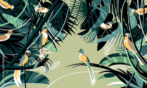 Bright color birds in the thickets of the flowering rainforest. Handmade drawing vector illustration. 