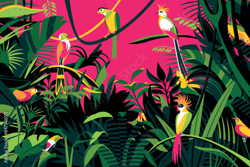 Bright color birds in the thickets of the flowering rainforest. Handmade drawing vector illustration. Pop art style.