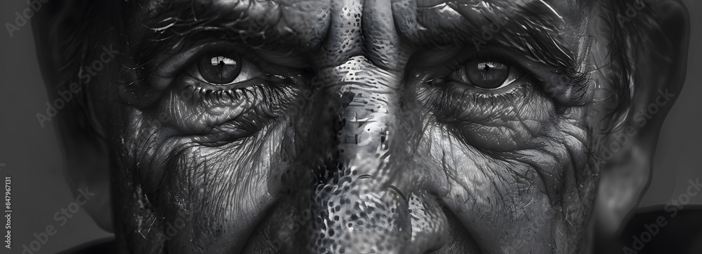 Close up portrait of mature man in monochrome, hyperrealistic drawing Close up portrait of mature man in monochrome, hyperrealistic drawing