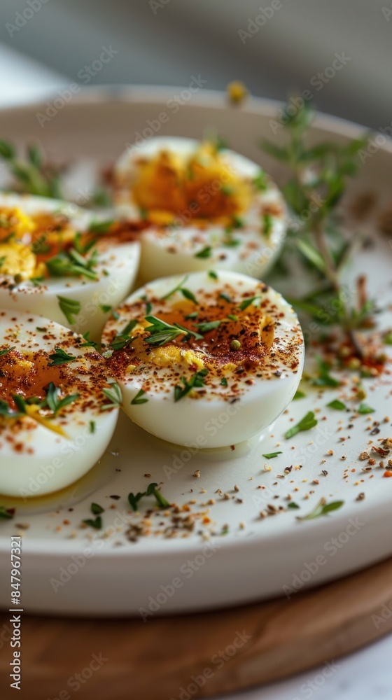 A perfectly cooked boiled egg, sliced in half to reveal its golden yolk, garnished with herbs and spices, presented on a minimalist white plate