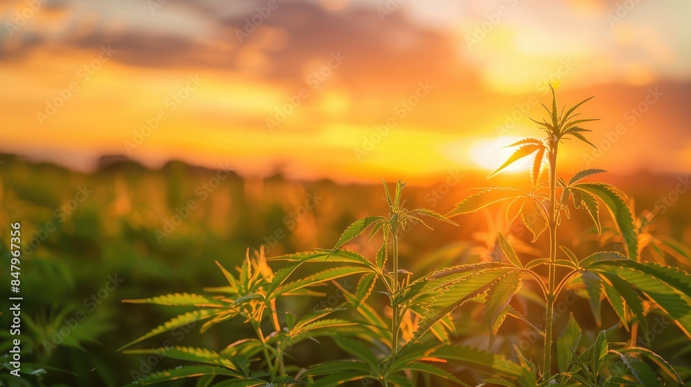 Lush green plants in field at sunset with golden sky Lush green plants in field at sunset with golden sky
