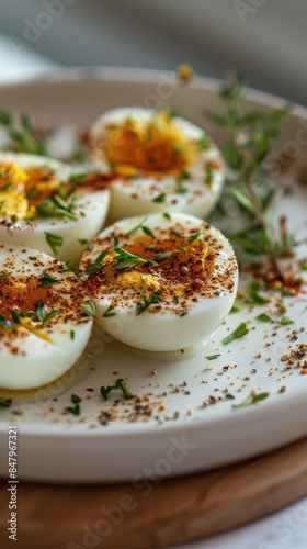 A perfectly cooked boiled egg, sliced in half to reveal its golden yolk, garnished with herbs and spices, presented on a minimalist white plate