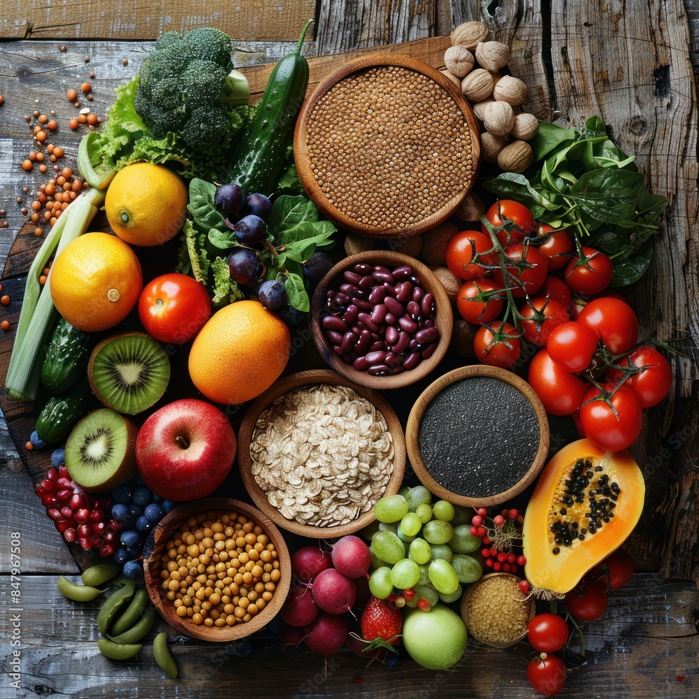 An assortment of high-fiber foods such as fruits, vegetables, whole grains, and legumes, artistically arranged on a rustic wooden table
