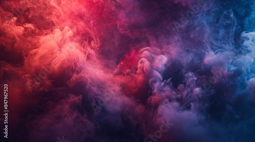 Red and purple smoke billows from a dark room.