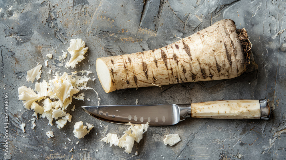 Shaved horseradish with knife on textured surface Shaved horseradish with knife on textured surface