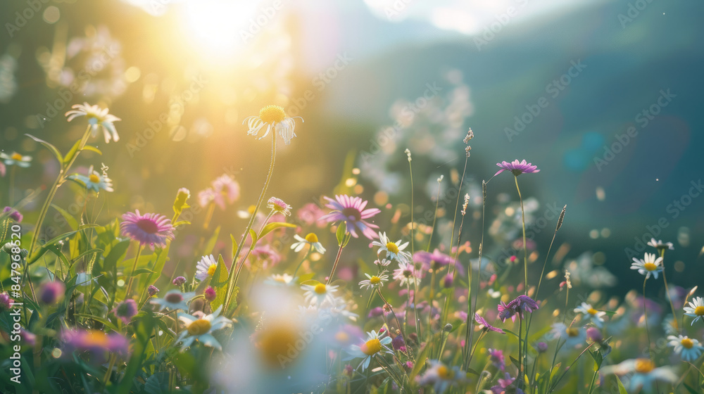 Sun shining over colorful wildflowers blooming in an alpine meadow