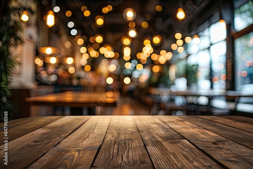 A wooden table with a blurry background of a restaurant setting photo