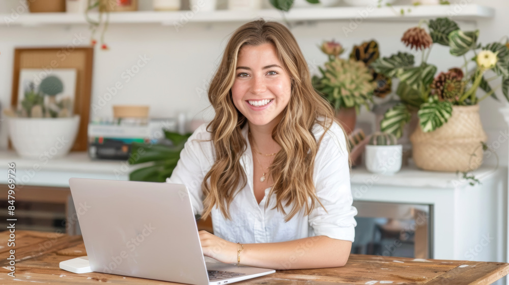 Portrait of a confident young woman with curly hair, smiling while working on her laptop in a cozy caf? with brick walls. Freelance and creativity concept. Portrait of a confident young woman with curly hair, smiling while working on her laptop in a cozy caf? with brick walls. Freelance and creativity concept.