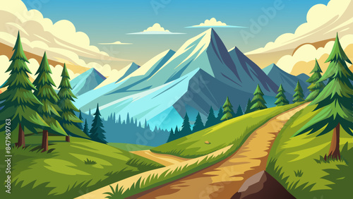 Hiking on the trails with a mountain in the distance, smooth lines, and landscape illustration.