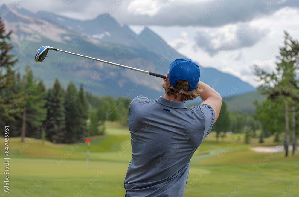 Golfer in mid-swing on green course with mountain backdrop Golfer in mid-swing on green course with mountain backdrop