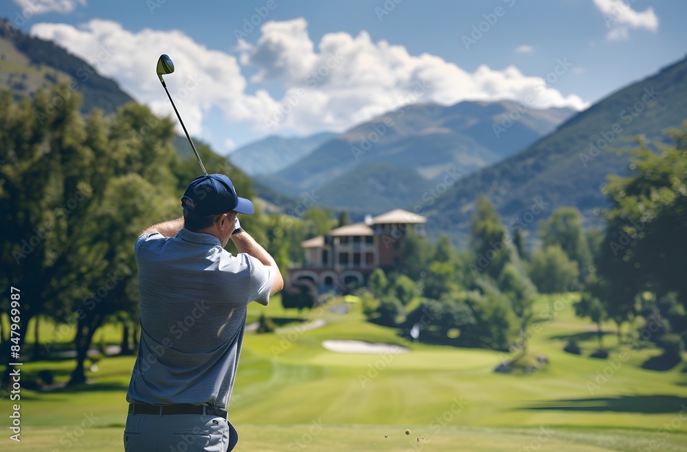 Obraz premium Golfer Playing on Course, Back View Man Swinging Club