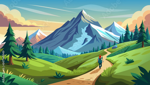 Hiking on the trails with a mountain in the distance, smooth lines, and landscape illustration.