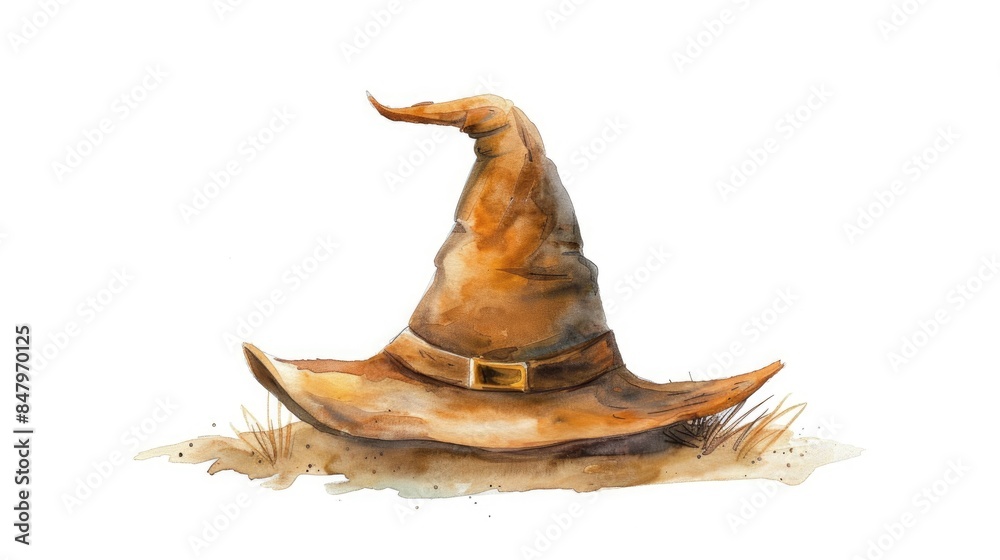 Fototapeta premium A whimsical Halloween witch hat depicted in a charming hand drawn watercolor illustration stands out against a clean white background