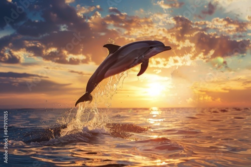 A dolphin jumping on the sea. Ocean wildlife scenery. Marine animals in natural habitat. Sunset. Close up
