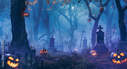 Spooky Halloween Graveyard with Jack-o'-Lanterns photo