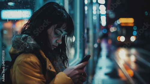Night Street, Woman Using Phone, Urban Life