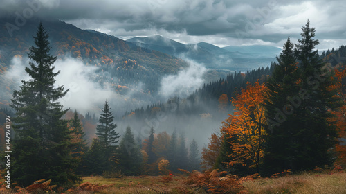 Fototapeta Naklejka Na Ścianę i Meble -  Scenic autumn forest view with fog and mountains