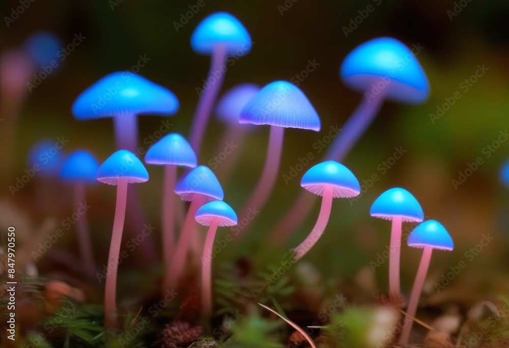 A close-up of tiny blue mushrooms with yellow glowing caps in a forest at night A close-up of tiny blue mushrooms with yellow glowing caps in a forest at night