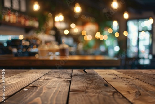 A wooden table with a blurry background of a restaurant setting © Alexei
