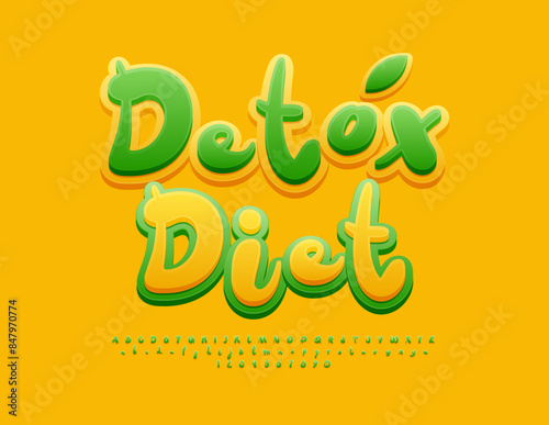 Vector advertising flyer Detox Diet. Funny Yellow and Green Font. Bright Playful Alphabet Letters and Numbers set.