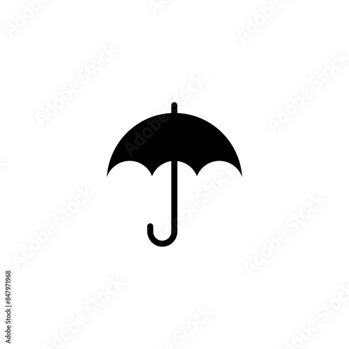 A clean and timeless black and white vector icon of an open umbrella with a circular canopy and a handle. Versatile and practical symbol