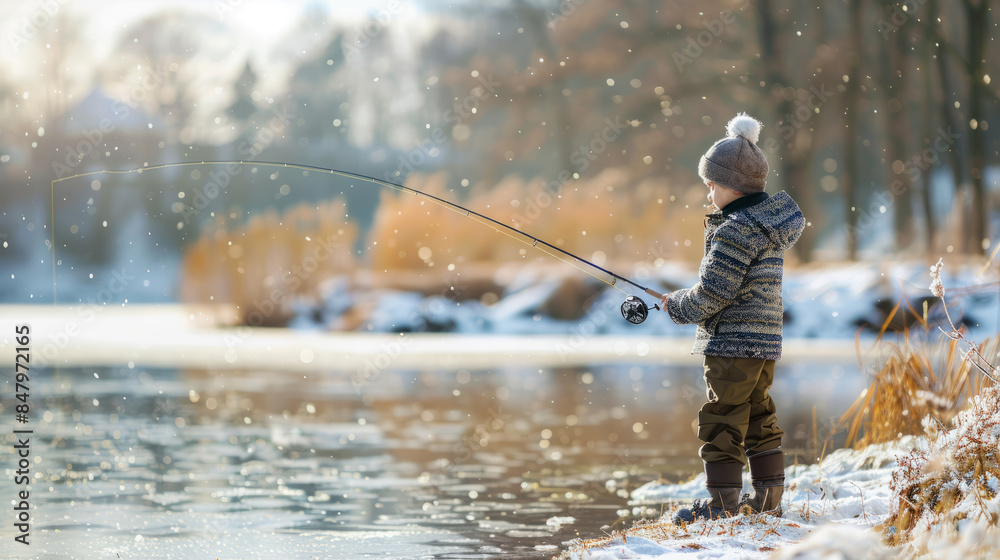 Young boy fishing by winter lake during snowfall Young boy fishing by winter lake during snowfall