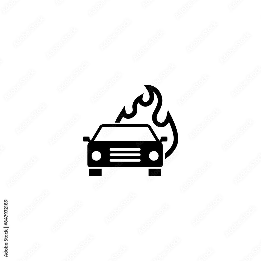 Icon depicting a car on fire, designed with simplicity and clarity for use in safety and danger alerts Icon depicting a car on fire, designed with simplicity and clarity for use in safety and danger alerts