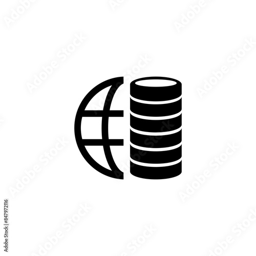 Black vector icon illustrating global finance with a globe and coin stacks