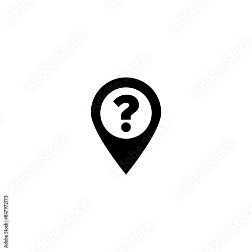 Black question mark in a map pin icon, symbolizing inquiry or search for locations