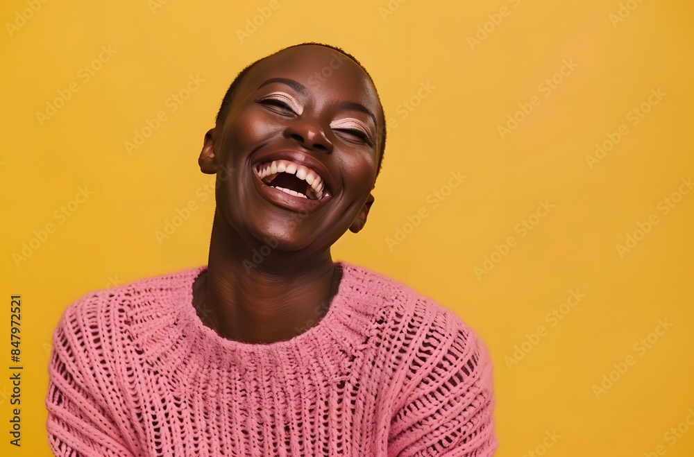 Joyful Black Woman in Pink Sweater Laughing Against Yellow Background Joyful Black Woman in Pink Sweater Laughing Against Yellow Background