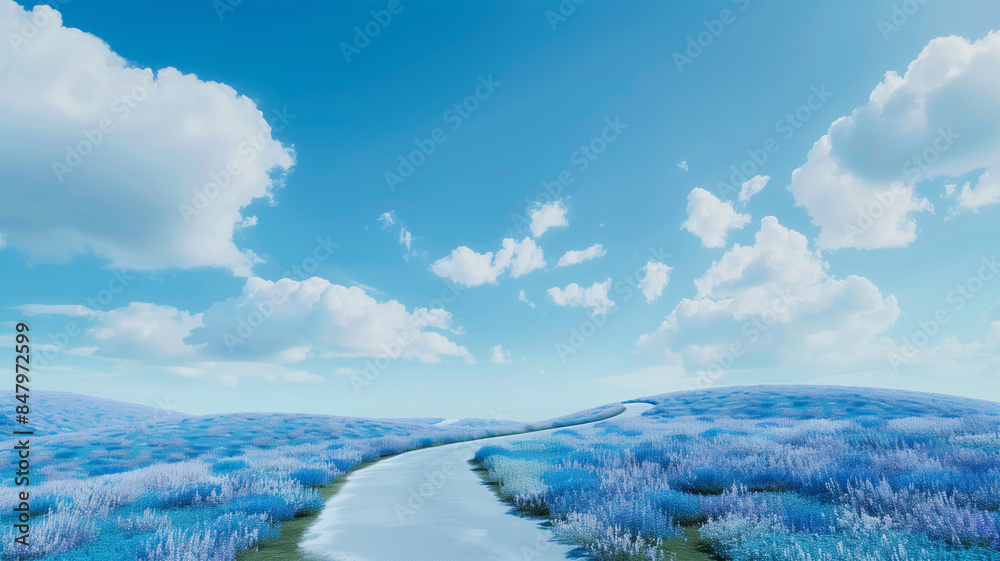 Obraz premium ネモフィラの花畑を通る曲がりくねった道