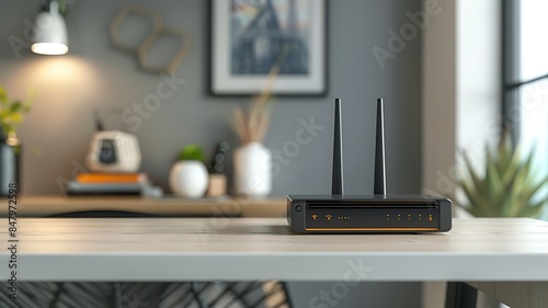 a high-speed router placed on a clean, minimalist desk, with stylish modern home decor elements, highlighting the theme of secure online communication