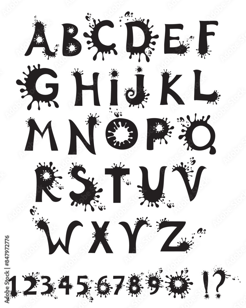 Ink Splatter Black Alphabet With Numbers isolated on White background. Vector illustration Ink Splatter Black Alphabet With Numbers isolated on White background. Vector illustration