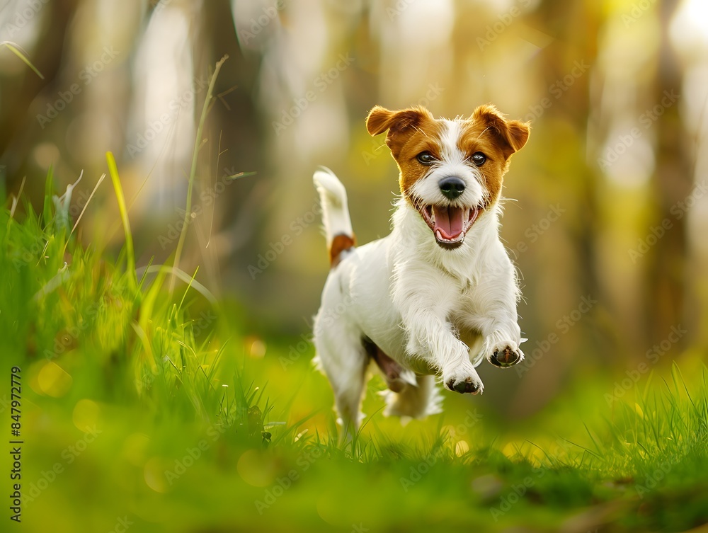 Happy Parson Russell Terrier Running on Green Grass Meadow Happy Parson Russell Terrier Running on Green Grass Meadow