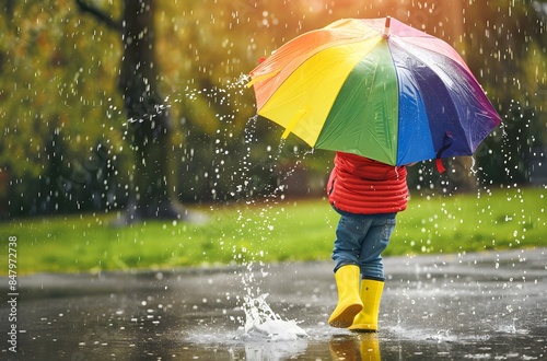 Happy child playing in rain with colorful umbrella at park