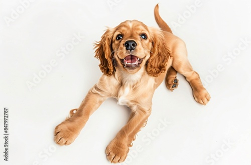 Happy Cocker Spaniel Puppy Looking Up from Above photo